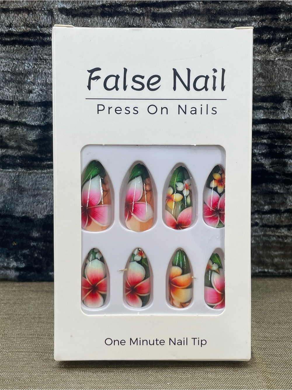 False Nail Press-On nails with Floral Tropical Hibiscus Design - Pink & Green
